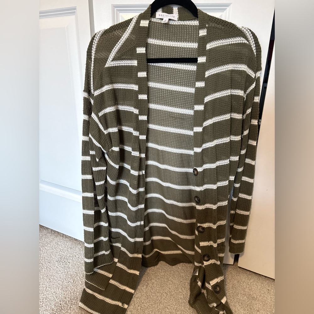 Socialite Olive Green and White Striped Womens Cardigan